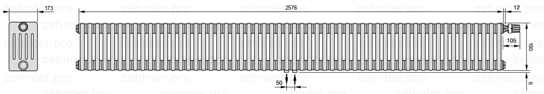 Схема (чертеж) Радиатор Zehnder Charleston 5019/56 №V008 Белый глянцевый RAL 9016